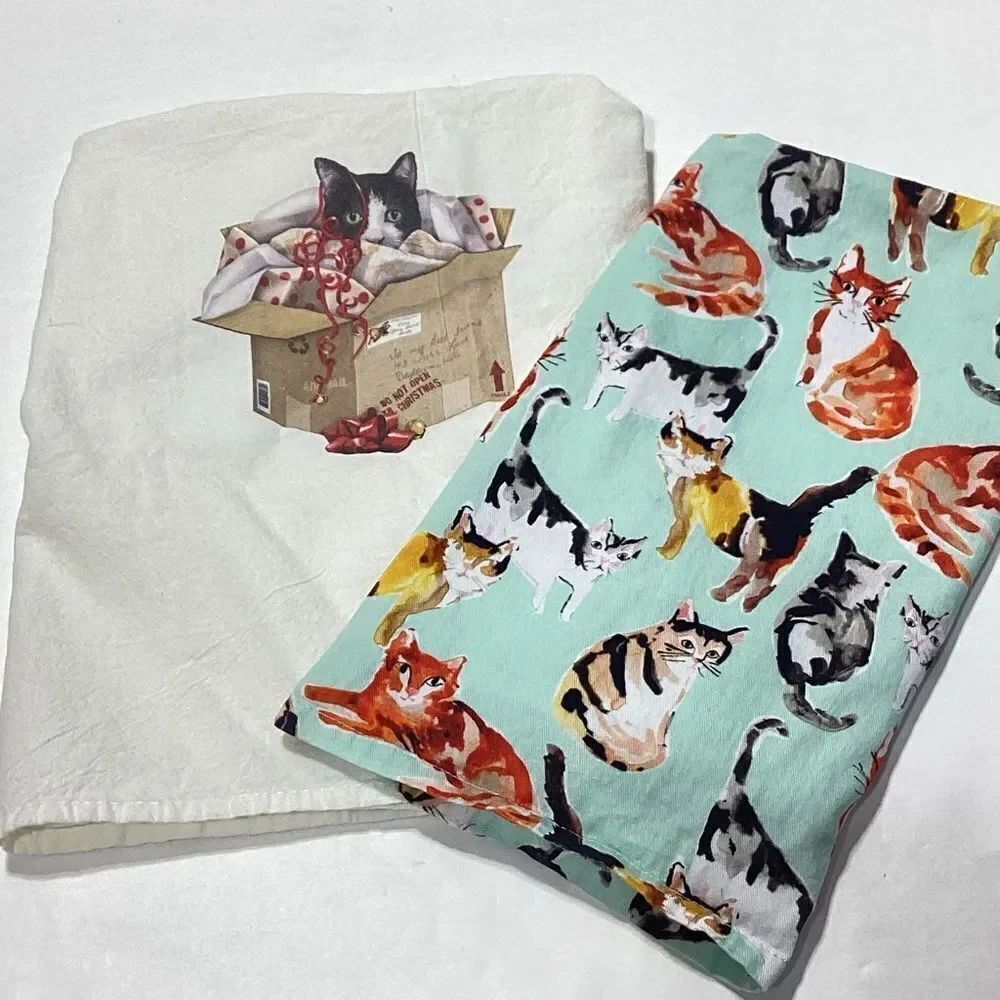 Cat Kitchen Dishtowel Lot of 2 Christmas Cat In box World Market Cats Towel